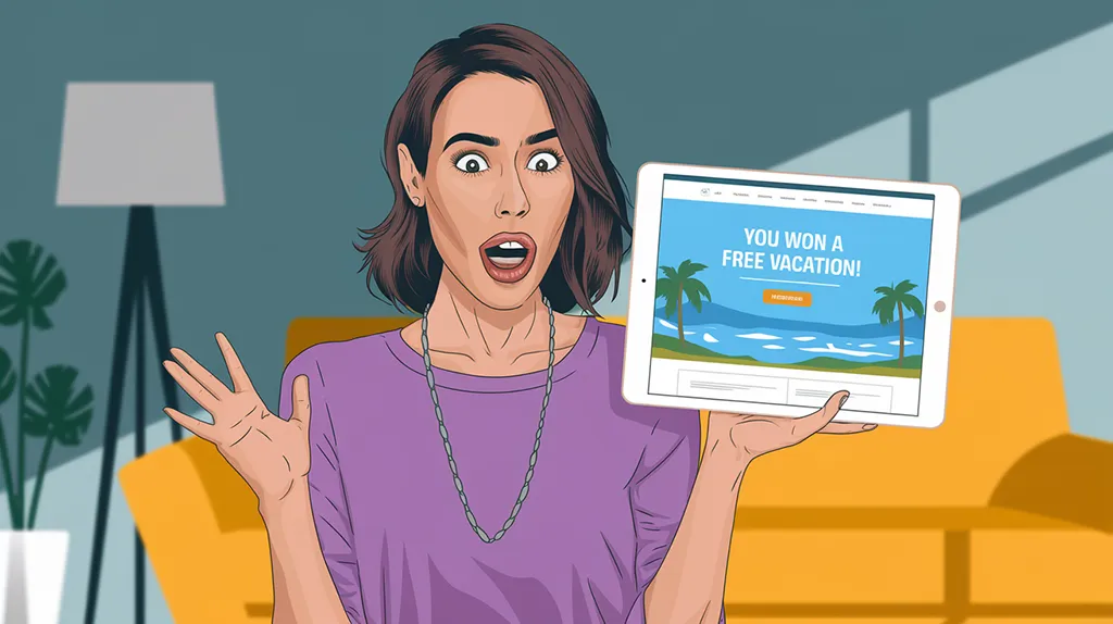 A person holds a tablet displaying a vacation prize message, in a cosy living room with plants and a bright atmosphere.