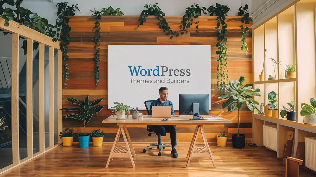 A modern office space featuring a wooden wall, desk with a computer, and lush plants in colourful pots. The focus is on a WordPress display.