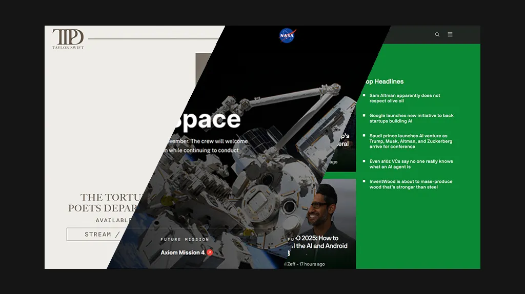 A split-screen image featuring a NASA mission announcement, a Taylor Swift album cover, and tech news headlines in a green layout.