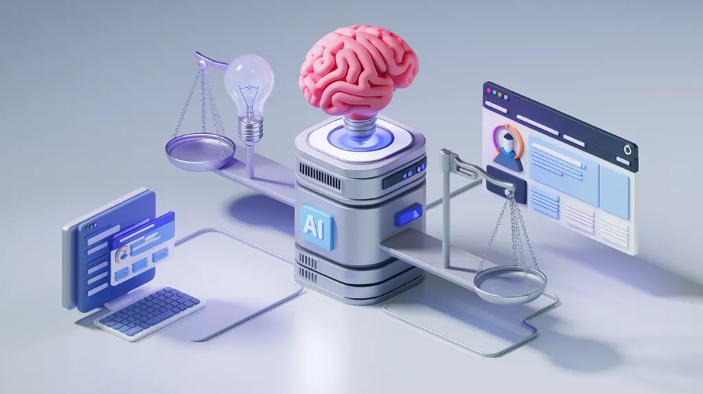 3D illustration of a brain atop a machine labelled "AI," balanced with a light bulb and scales, alongside a computer screen and documents.