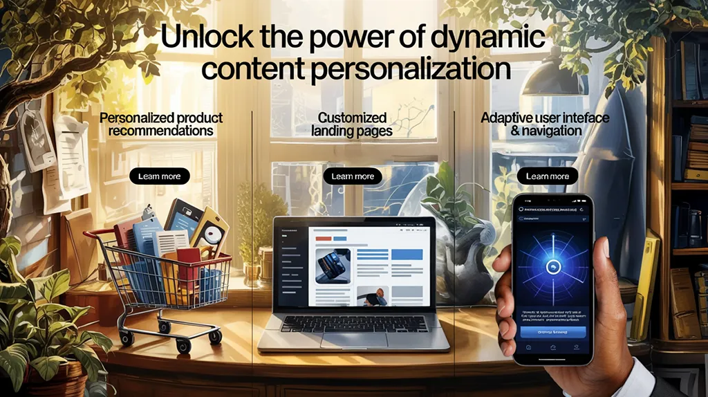 A workspace with a shopping cart, laptop, and phone highlighting dynamic content personalisation features and options to learn more.