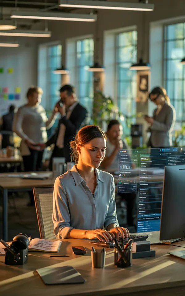 A busy open-plan office, mid-morning. In the foreground, a woman sits alone at her desk with a calm, unhurried expression, working steadily through something on her screen — an AI tool clearly handling structured tasks in the background of her display while she focuses on higher-level work. Around her, the rest of the office hums with normal activity — colleagues on calls, someone making coffee. The contrast is subtle: she is the still point in a busy room, made possible by something working quietly on her behalf.