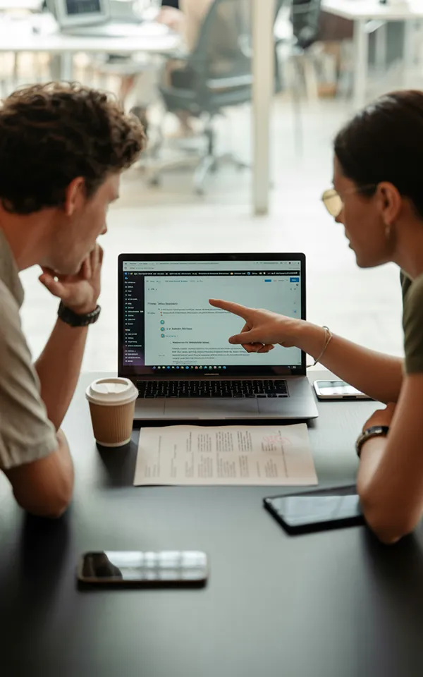 Two people sit shoulder to shoulder at a long desk, both looking at the same laptop screen showing a WordPress technical audit report. One is scrolling, the other is pointing at something specific on screen with a finger, mid-sentence. Between them on the desk are two coffee cups, a printed page with handwritten margin notes and a phone face-down. Neither is performing for the camera — they are simply two people inside a working conversation. Bright natural light, modern open-plan office background softly out of focus.