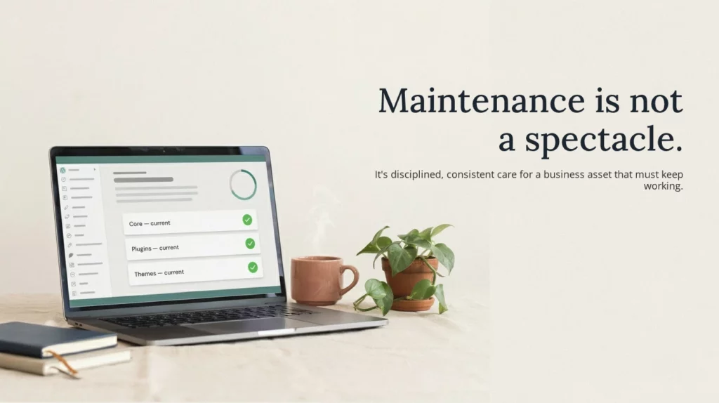 Maintenance is not a spectacle text next to a background image of a laptop opened with a WordPress site open and checklist ticked.
