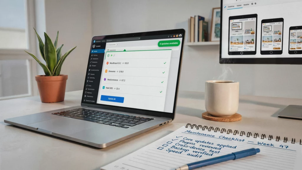 Laptop on a desk with a WordPress website checklist showing on the screen and a plant and mug on the desk
